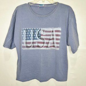 EVO Woman’s Top sz M Blue Short Sleeves USA Distressed Logo made in USA